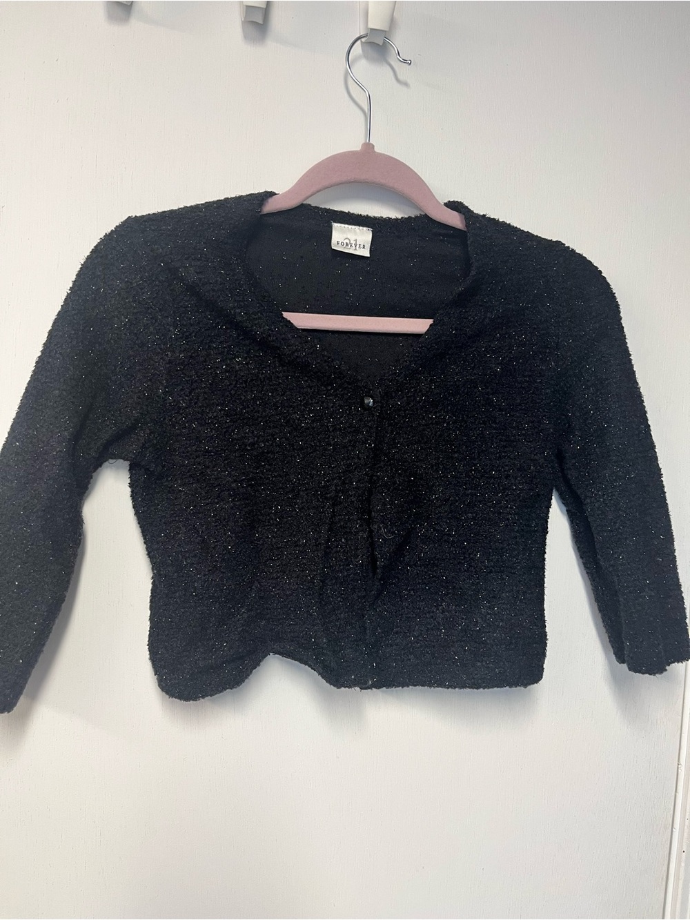 Vintage Forever 21 Black Shimmer Fuzzy Knit Cropped Cardigan Y2K